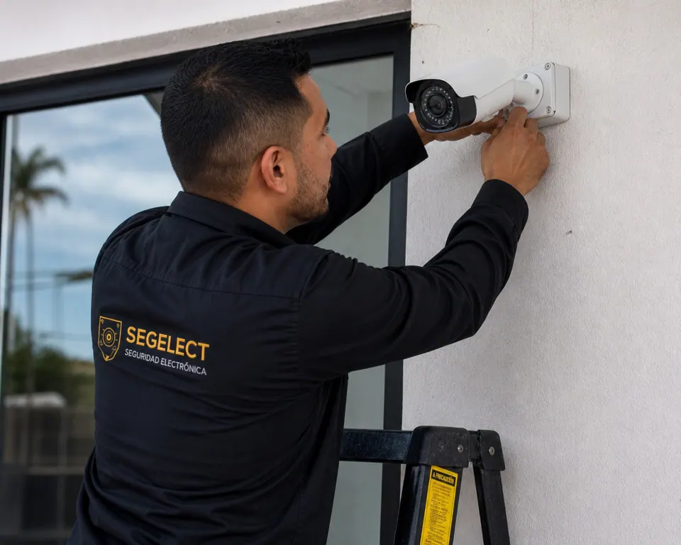 Técnico especialista de Segelect en Bogotá realizando ajuste de cámara de seguridad con uniforme oficial.
